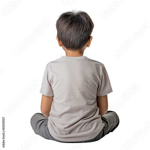 boy sitting on floor back view isolated on transparent background cutout