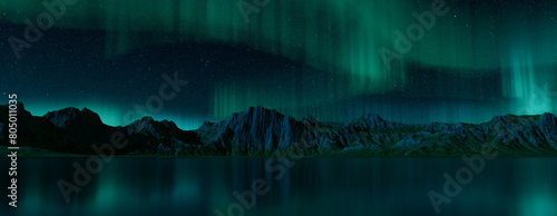 Majestic Sky with Aurora and Stars. Blue Northern Lights Banner with copy-space. photo