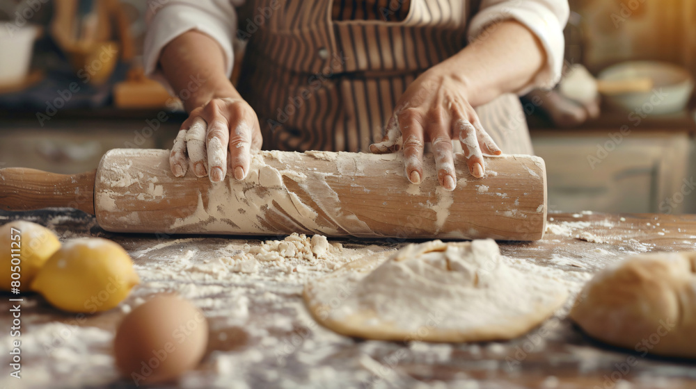 Woman rolling out dough on wooden background