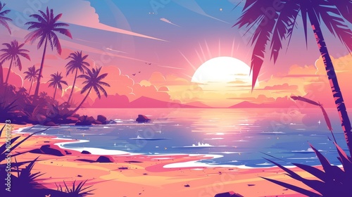 Seaside Solitude: Sunrise on Beach with Pink Sky