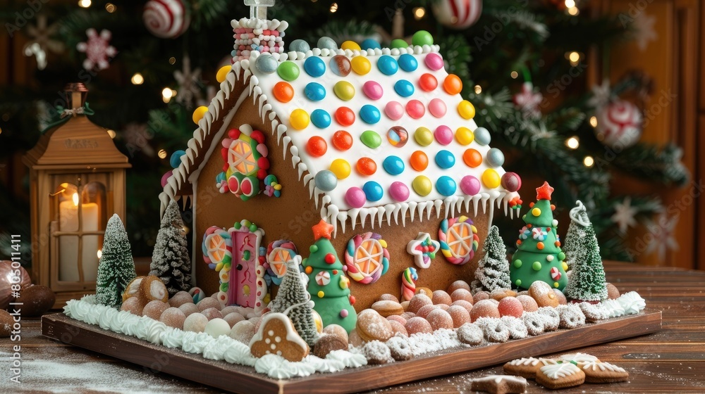 Homemade gingerbread house with candies and cookies