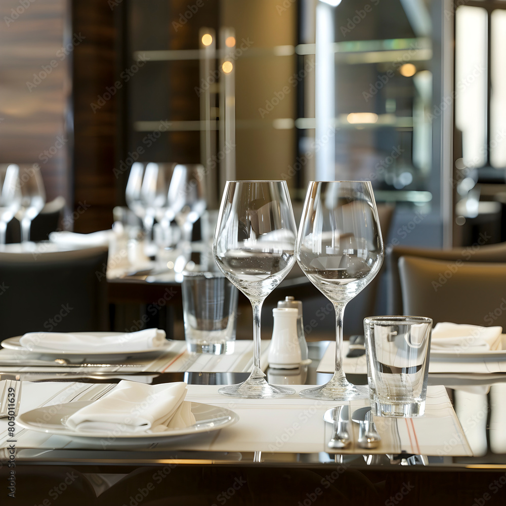 Sophisticated dining table arrangement with crystal glasses and fine china in a luxury restaurant Sophisticated dining table arrangement with crystal glasses and fine china in a luxury restaurant