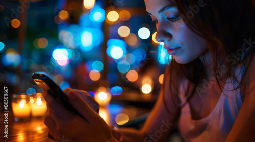 Woman using mobile phone at table in evening closeup