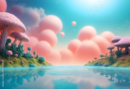 The product background. A vibrant fabulous, dreamlike, surreal landscape with mushrooms, clouds, bubble, plants and a river with reflections in pink, blue and green colors. photo