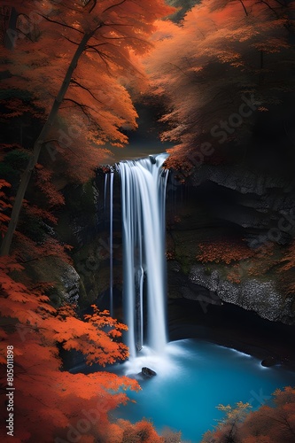 A waterfall framed by fiery foliage  the water cascading into a pool of crystal-clear blue 