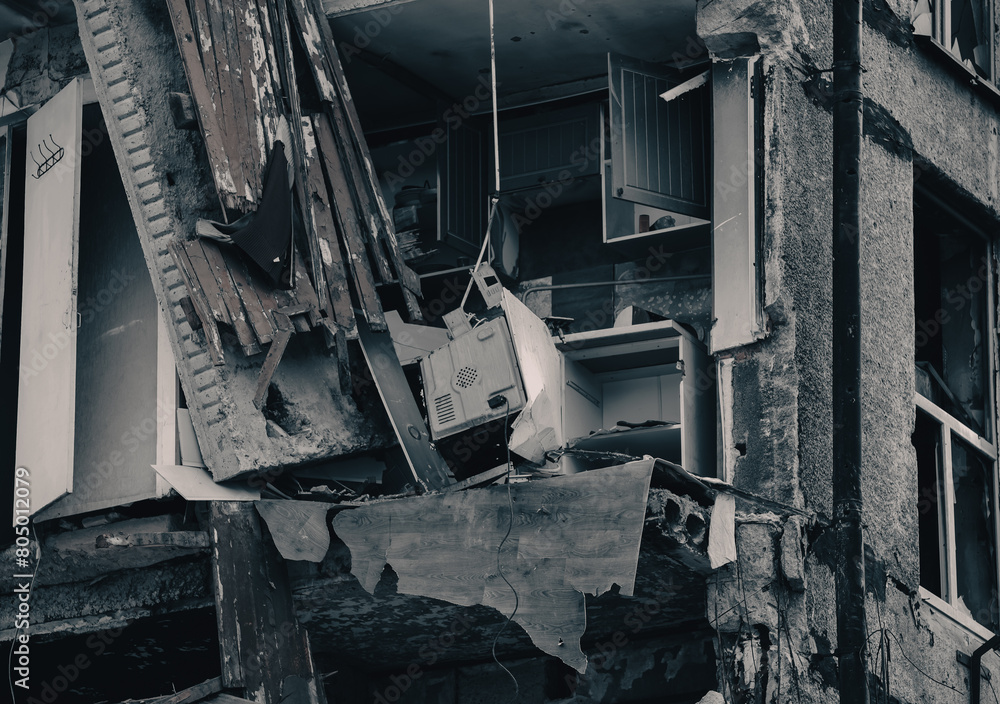 destroyed and burned houses in the city Russia Ukraine war