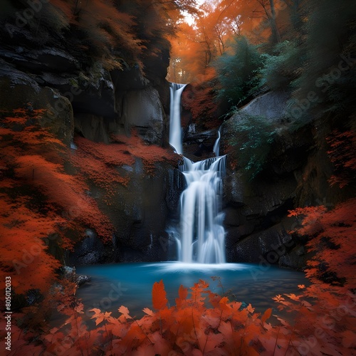 A waterfall framed by fiery foliage, the water cascading into a pool of crystal-clear blue 