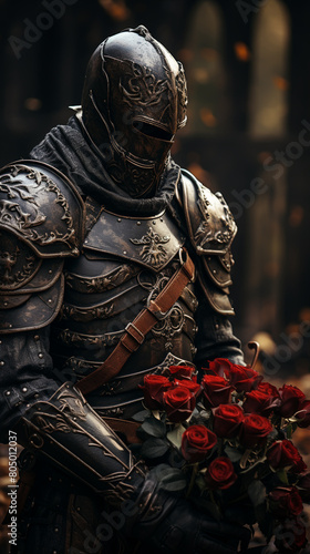 Closeup portrait of medieval knight in armor holding red rose on dark background, romance concept