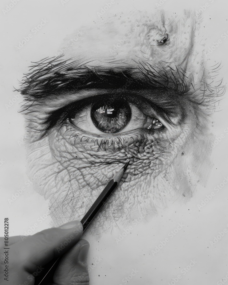 Obraz premium Painting of a man's eye with a pencil in black and white