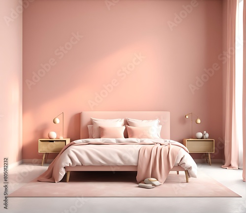  Bedroom in pastel tone peach fuzz color trend 2024 year panton furniture and background. Modern luxury room interior home design. Empty painting wall for art or wallpaper  pictures  art. 3d render 
