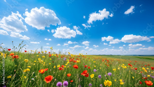 A vast field of wildflowers stretching to the horizon under a bright blue sky with puffy clouds. The flowers are a riot of colors - red, yellow, purple, pink, and white. They sway gently in the breeze