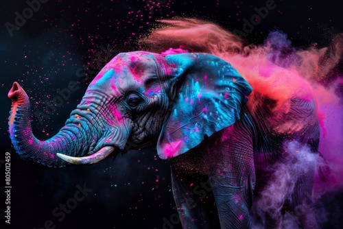 Majestic Elephant Bursting Through Cosmic Clouds in a Vivid Display of Holi Color and Power
