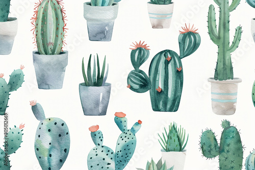 Cacti, Cute watercolor cactus plants, Seamless pattern illustration 