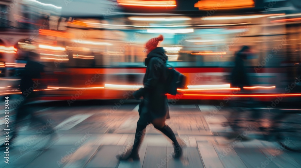 Dynamic Urban Life: People Captured in Motion Against Blurred City Lights

