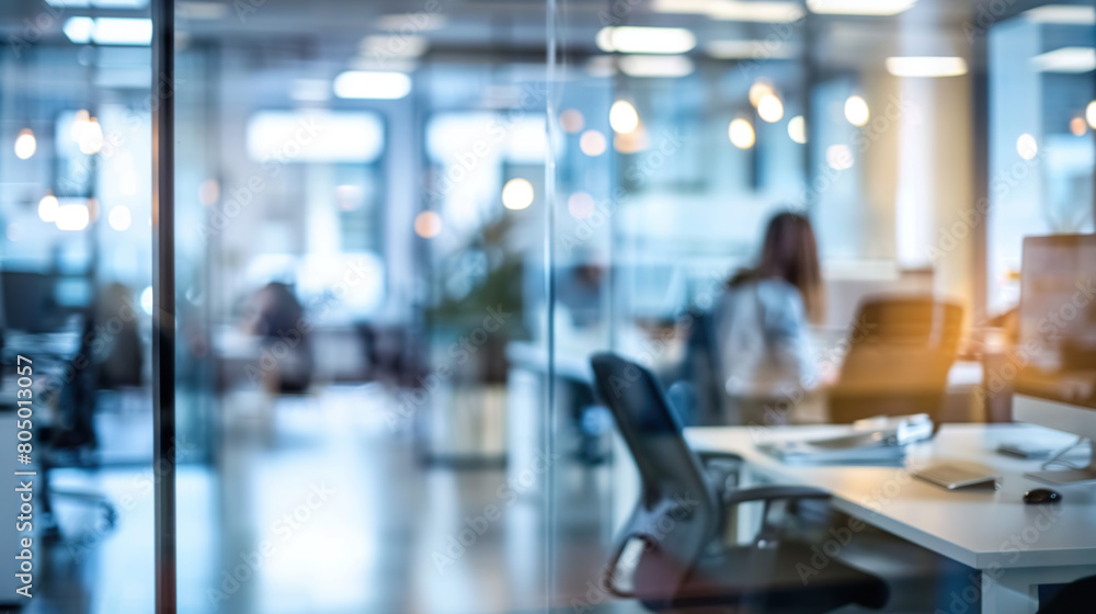 Fototapeta premium Bright business workplace with people in walking in blurred motion in modern office space