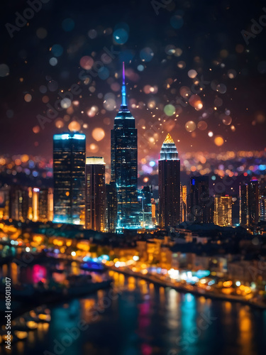 Dynamic Cityscape Bokeh, Blurred and colorful city lights creating a dynamic bokeh background, perfect for various designs.