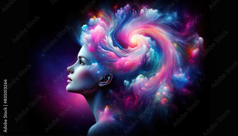profile portrait of a woman with a swirl of vivid, cosmic colors around her head. The woman has a contemplative profile portrait of a woman with a swirl of vivid, cosmic colors around her head. The woman has a contemplative