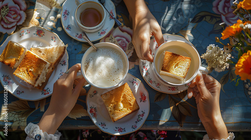 Women drinking tea with milk and delicious toasts top