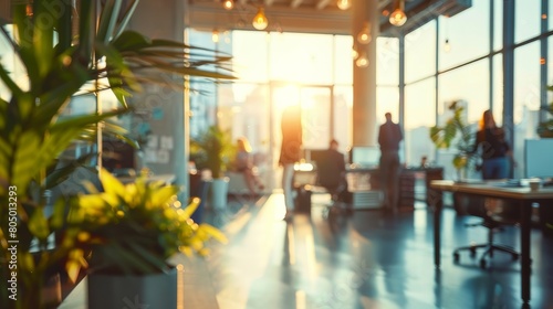 long exposure shot of a crowd of business people walking in a bright office lobby, fast-moving with blurriness. 