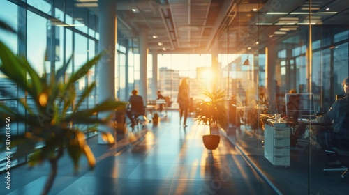 long exposure shot of a crowd of business people walking in a bright office lobby, fast-moving with blurriness. 