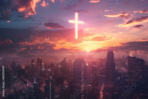 Neon cross over the city at sunset  3d rendering. 
