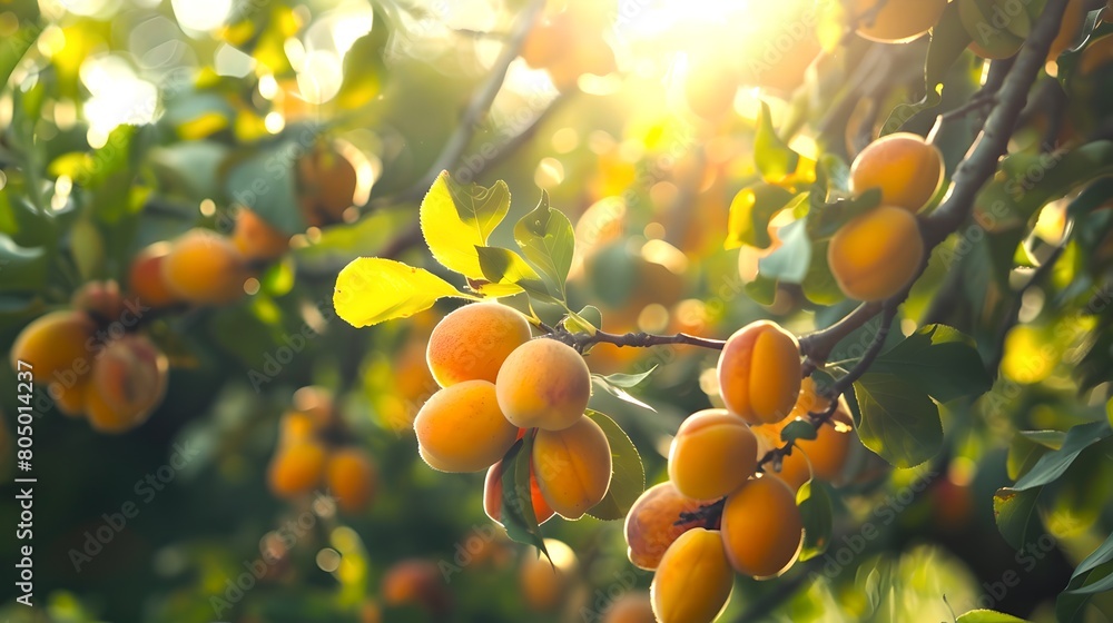 Golden sunlight filtering through leaves on apricot branch. Ripe apricots in natural setting. Perfect for healthy lifestyle themes. AI