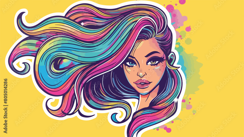 Sticker colorful caricature girl with hair tail and background