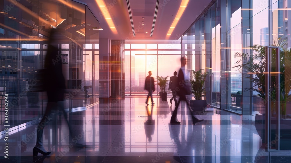 long exposure shot of a crowd of business people walking in a bright office lobby, fast-moving with blurriness. 