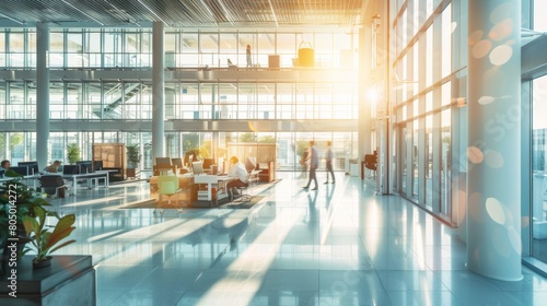 long exposure shot of a crowd of business people walking in a bright office lobby, fast-moving with blurriness.  photo