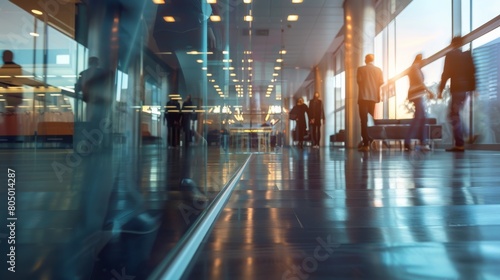 long exposure shot of a crowd of business people walking in a bright office lobby, fast-moving with blurriness. 