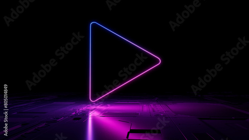 Pink and Blue Media Technology Concept with play symbol as a neon light. Vibrant colored icon, on a black background with high tech floor. 3D Render