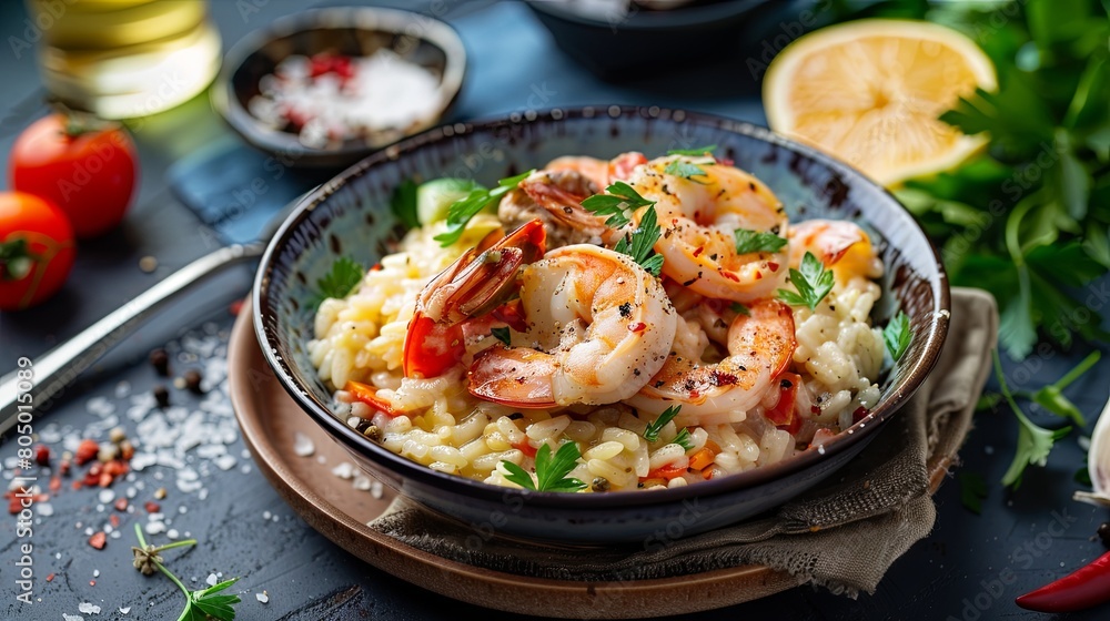 Gourmet shrimp risotto in a rustic bowl on dark table Gourmet shrimp risotto in a rustic bowl on dark table