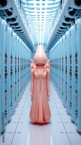 A lone figure stands in a vast, futuristic hallway. The figure is wearing a strange, skintight suit and a helmet with a visor. The walls are lined with tall, glowing panels. photo