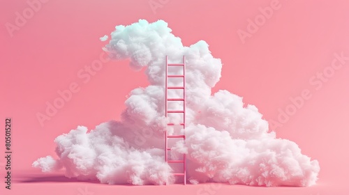 Dreamlike ladder ascending into fluffy clouds on a pastel pink background
