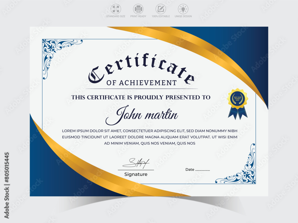 Obraz premium Certificate of appreciation template design gold and blue , orange color