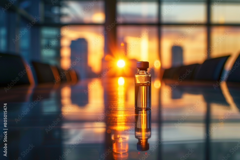Vaccine bottle on a business meeting table as sunrise in background. Vaccination concept. Vaccine bottle on a business meeting table as sunrise in background. Vaccination concept.
