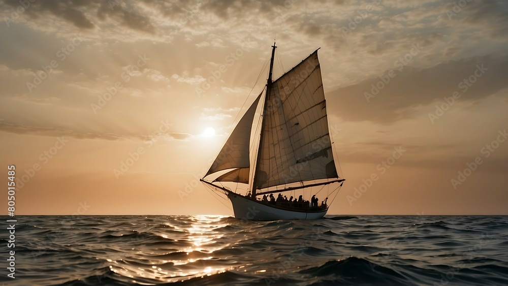 Sailing yacht in the sea at sunset. Beautiful seascape.