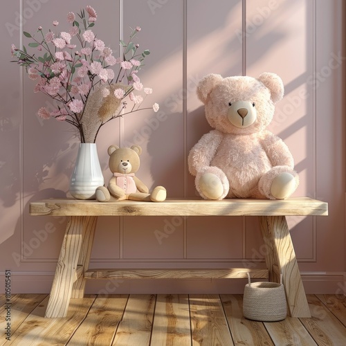 Dolls and children's toys are neatly arranged against a pink wall background, a minimalist, child-friendly room concept for small families