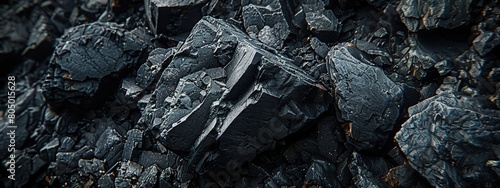 Background of black coal, close-up. Panoramic image. photo
