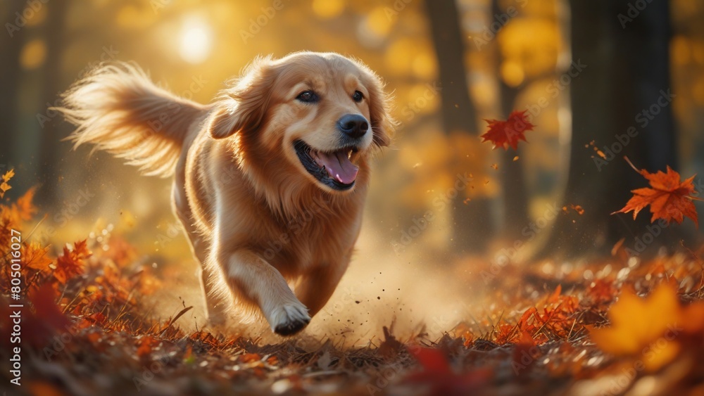 Autumn leaves background, running golden retriever