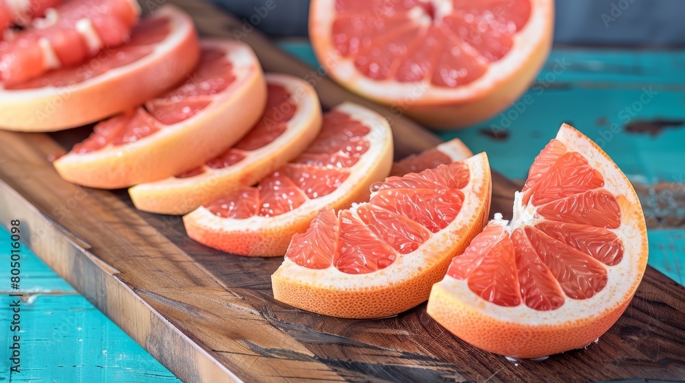 Close-up photo of grapefruit segments and whole fruit, ideal for concepts related to healthy eating and diet.