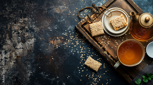 Wooden board with sesame halva cup of tea and teapot  photo
