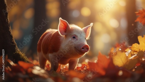 Autumn leaves background, cute pig on a walk
