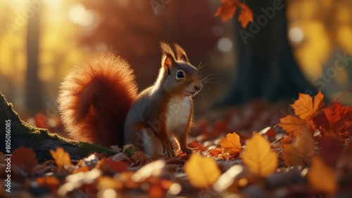 Squirrel in the forest  autumn leaves   