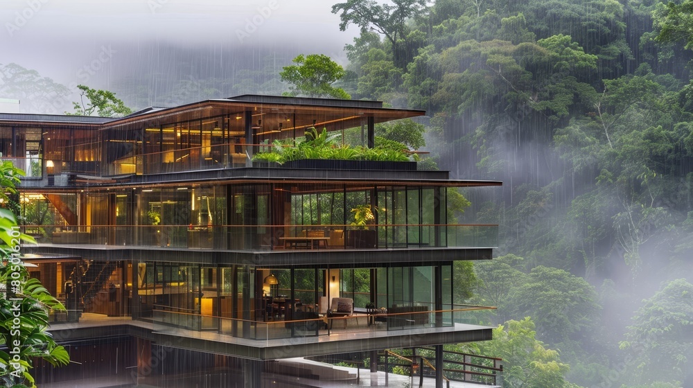 Obraz premium Modern house integrated into a rainforest, showcasing eco-friendly architecture and sustainable living.