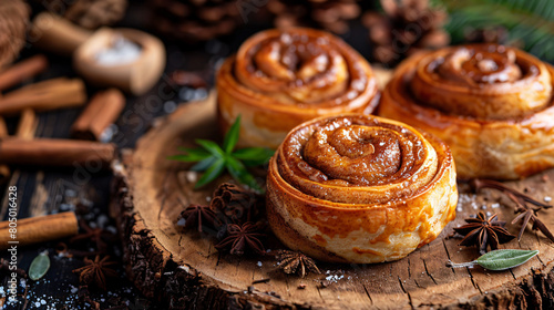 Wooden board with tasty cinnamon roll on black background