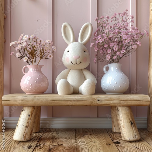 Dolls and children's toys are neatly arranged against a pink wall background, a minimalist, child-friendly room concept for small families