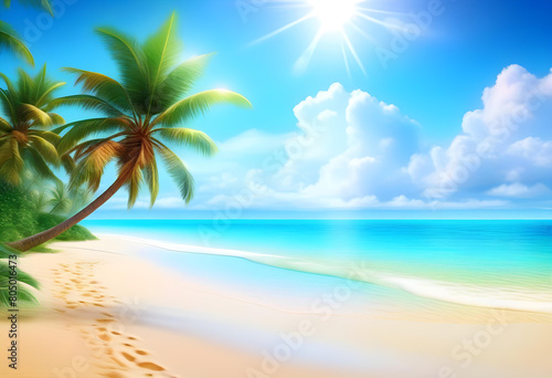 A beautiful tropical beach with crystal clear blue water  palm trees  and white sand