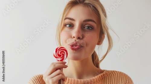 Woman eating a lollipop with a thoughtful face on a white background