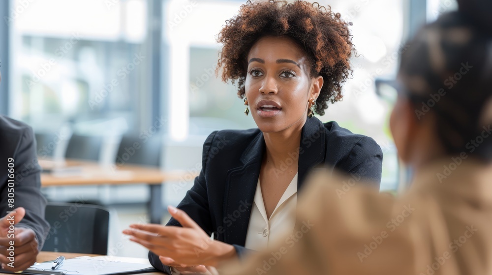 Afro-american businesswoman engaging in a discussion in a professional setting, ideal for leadership and corporate communication visuals. Afro-american businesswoman engaging in a discussion in a professional setting, ideal for leadership and corporate communication visuals.